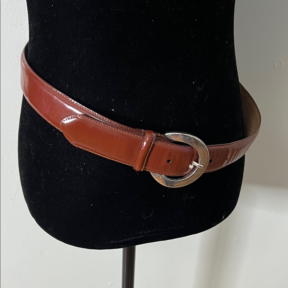 GENUINE LEATHER CALFSKIN BROWN SILVER BUCKLE # 4550 02 BELT SIZE L